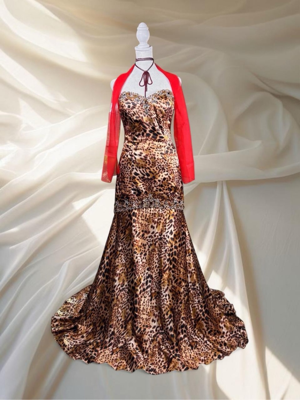Vtg Y2K Pop Star Animal Print Beaded Maxi Gown - 12